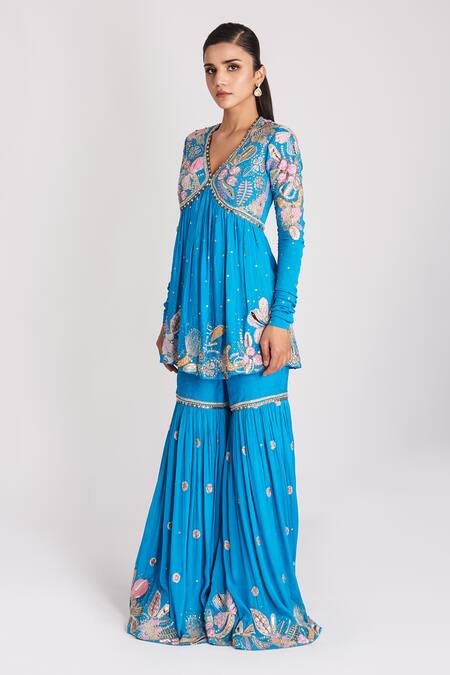 Aisha Rao Blue Muslin, Organza, Crepe Sequins, Yin Yang Embellished Anarkali Gharara Set Online at Aza Fashions Aisha Rao_Blue Muslin, Organza, Crepe Sequins, Yin Yang Embellished Anarkali Gharara Set _Online_at_Aza_Fashions