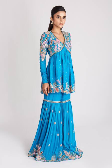 Buy Aisha Rao Blue Muslin, Organza, Crepe Sequins, Yin Yang Embellished Anarkali Gharara Set Online at Aza Fashions Buy_Aisha Rao_Blue Muslin, Organza, Crepe Sequins, Yin Yang Embellished Anarkali Gharara Set _Online_at_Aza_Fashions