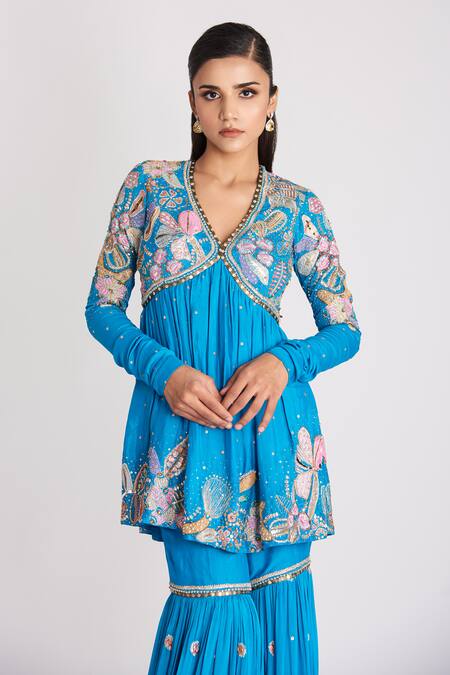Shop Aisha Rao Blue Muslin, Organza, Crepe Sequins, Yin Yang Embellished Anarkali Gharara Set Online at Aza Fashions Shop_Aisha Rao_Blue Muslin, Organza, Crepe Sequins, Yin Yang Embellished Anarkali Gharara Set _Online_at_Aza_Fashions