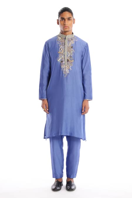 Aisha Rao Blue Silk Sequins Flame Yoke Embellished Kurta And Pant Set 