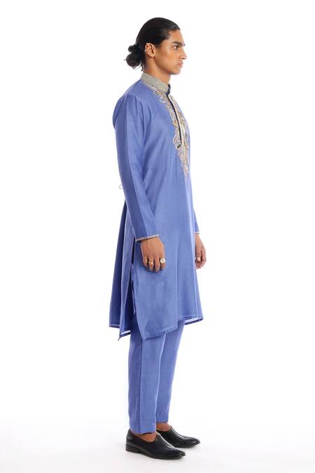 Shop Aisha Rao Blue Silk Sequins Flame Yoke Embellished Kurta And Pant Set Online at Aza Fashions Shop_Aisha Rao_Blue Silk Sequins Flame Yoke Embellished Kurta And Pant Set _Online_at_Aza_Fashions