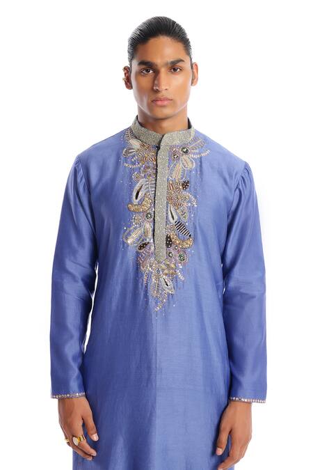 Aisha Rao Blue Silk Sequins Flame Yoke Embellished Kurta And Pant Set at Aza Fashions Aisha Rao_Blue Silk Sequins Flame Yoke Embellished Kurta And Pant Set _at_Aza_Fashions