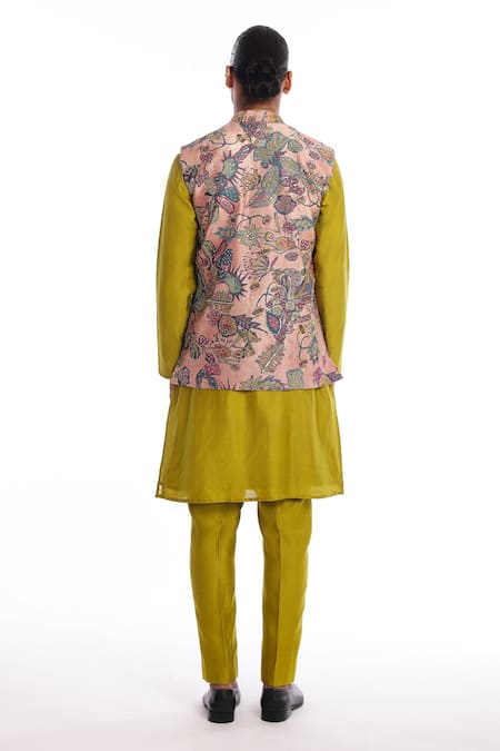 Shop Aisha Rao Pink Silk Sequins Bundi Kurta Set With Olive Pant at Aza Fashions Shop_Aisha Rao_Pink Silk Sequins Bundi Kurta Set With Olive Pant _at_Aza_Fashions