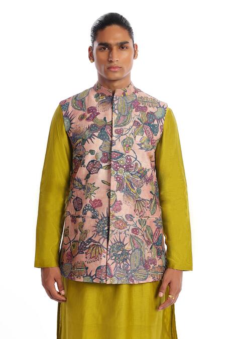 Buy Aisha Rao Pink Silk Sequins Bundi Kurta Set With Olive Pant Online at Aza Fashions Buy_Aisha Rao_Pink Silk Sequins Bundi Kurta Set With Olive Pant _Online_at_Aza_Fashions