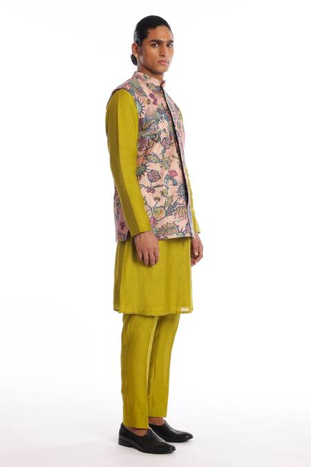 Shop Aisha Rao Pink Silk Sequins Bundi Kurta Set With Olive Pant Online at Aza Fashions Shop_Aisha Rao_Pink Silk Sequins Bundi Kurta Set With Olive Pant _Online_at_Aza_Fashions