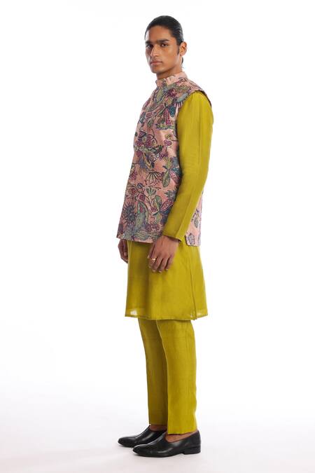 Aisha Rao Pink Silk Sequins Bundi Kurta Set With Olive Pant at Aza Fashions Aisha Rao_Pink Silk Sequins Bundi Kurta Set With Olive Pant _at_Aza_Fashions