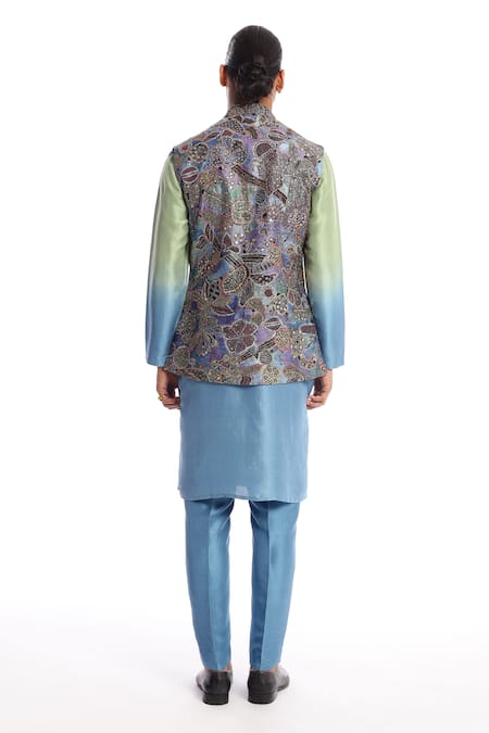 Shop Aisha Rao Blue Silk Sequins Carolina Embroidered Bundi Kurta Set at Aza Fashions Shop_Aisha Rao_Blue Silk Sequins Carolina Embroidered Bundi Kurta Set _at_Aza_Fashions