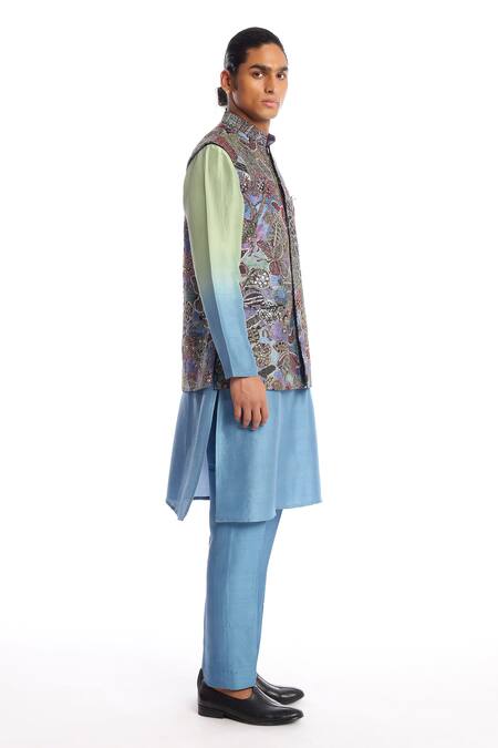 Buy Aisha Rao Blue Silk Sequins Carolina Embroidered Bundi Kurta Set Online at Aza Fashions Buy_Aisha Rao_Blue Silk Sequins Carolina Embroidered Bundi Kurta Set _Online_at_Aza_Fashions