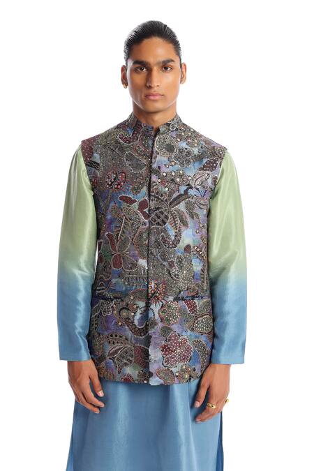 Shop Aisha Rao Blue Silk Sequins Carolina Embroidered Bundi Kurta Set Online at Aza Fashions Shop_Aisha Rao_Blue Silk Sequins Carolina Embroidered Bundi Kurta Set _Online_at_Aza_Fashions