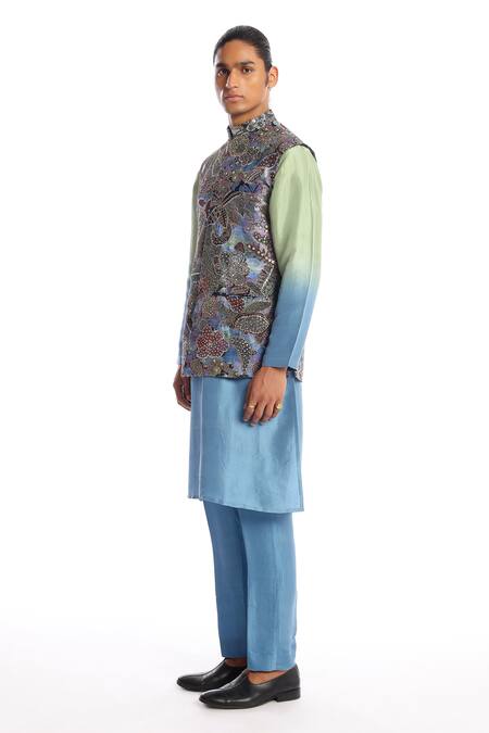 Aisha Rao Blue Silk Sequins Carolina Embroidered Bundi Kurta Set at Aza Fashions Aisha Rao_Blue Silk Sequins Carolina Embroidered Bundi Kurta Set _at_Aza_Fashions