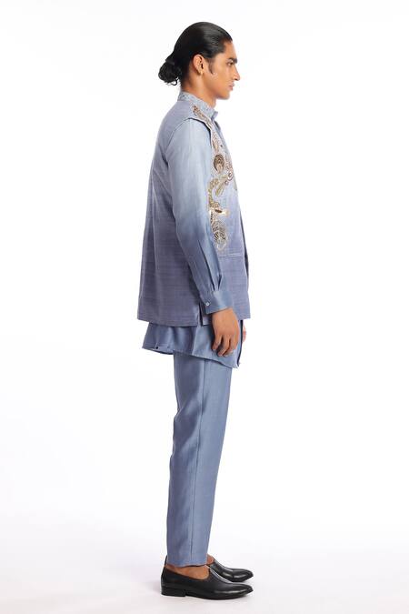 Shop Aisha Rao Blue Silk Sequins Nebula Embroidered Bundi Kurta Set Online at Aza Fashions Shop_Aisha Rao_Blue Silk Sequins Nebula Embroidered Bundi Kurta Set _Online_at_Aza_Fashions