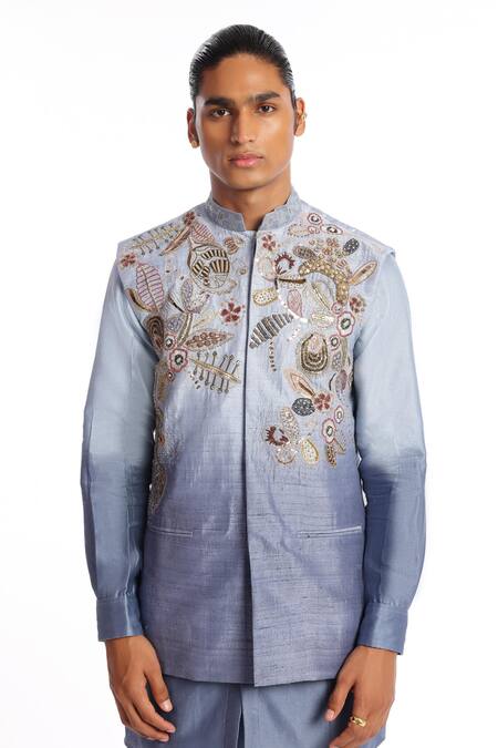 Aisha Rao Blue Silk Sequins Nebula Embroidered Bundi Kurta Set at Aza Fashions Aisha Rao_Blue Silk Sequins Nebula Embroidered Bundi Kurta Set _at_Aza_Fashions