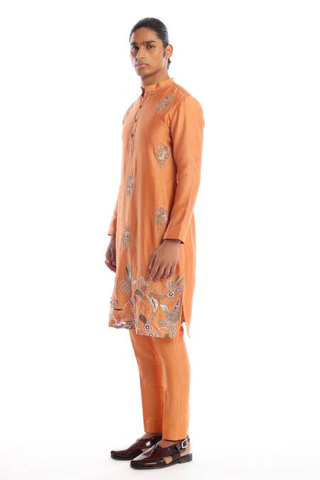 Aisha Rao Orange Silk Sequins Oasis Embroidered Kurta And Pant Set Online at Aza Fashions Aisha Rao_Orange Silk Sequins Oasis Embroidered Kurta And Pant Set _Online_at_Aza_Fashions