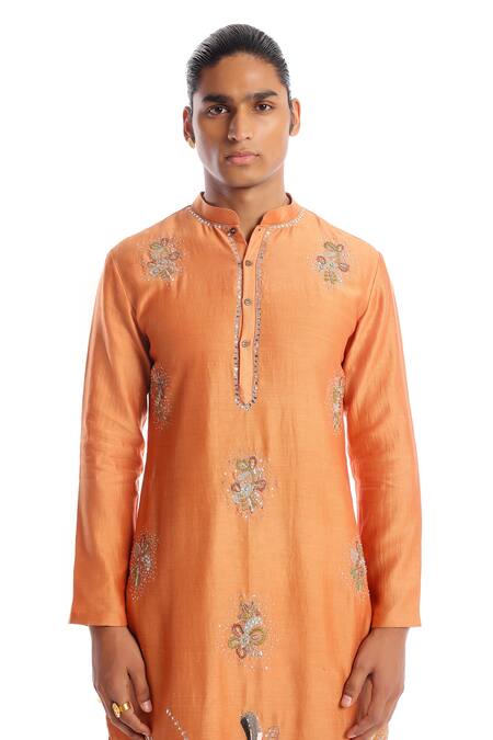 Shop Aisha Rao Orange Silk Sequins Oasis Embroidered Kurta And Pant Set Online at Aza Fashions Shop_Aisha Rao_Orange Silk Sequins Oasis Embroidered Kurta And Pant Set _Online_at_Aza_Fashions