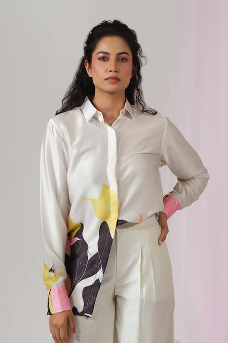 Sanjana reddy Designs White Satin Silk Print Floral Collared Neck Wild Flower Shirt 