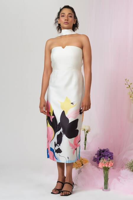 Buy_Sanjana Reddy Designs_White Satin Silk Print Floral Sweetheart Neck Bodycon Dress_Online_at_Aza_Fashions