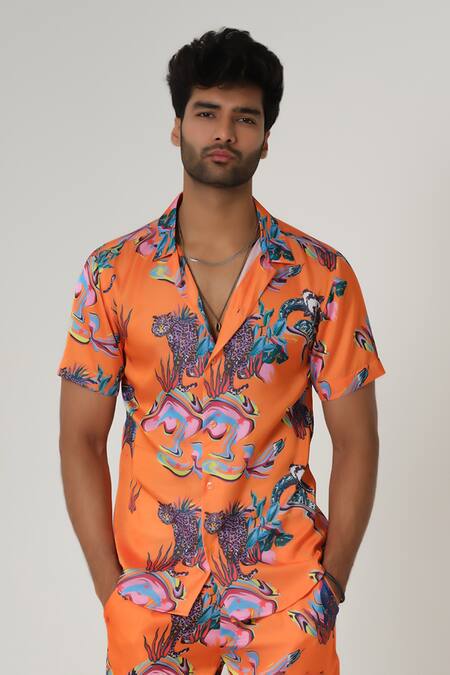 Sanjana Reddy Designs Orange Satin, Silk Wildlife Print Shirt With Shorts Online at Aza Fashions Sanjana Reddy Designs_Orange Satin, Silk Wildlife Print Shirt With Shorts _Online_at_Aza_Fashions