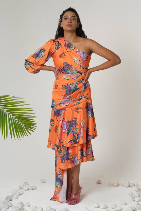 Sanjana Reddy Designs_Orange Satin Silk Print Animateness One Shoulder Neck Ruffle Pleated Dress_Online_at_Aza_Fashions