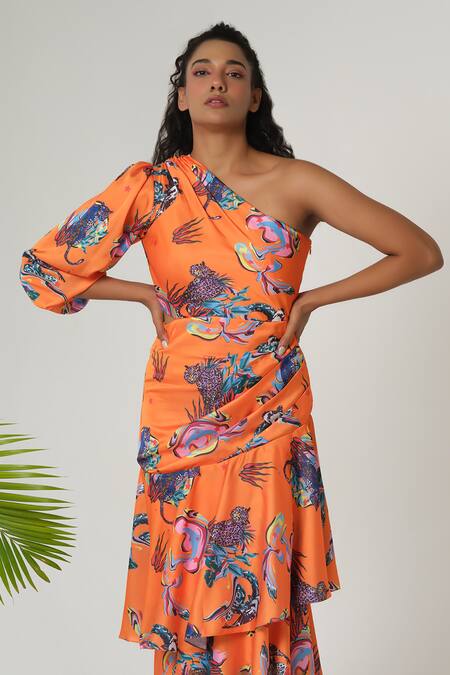 Buy_Sanjana Reddy Designs_Orange Satin Silk Print Animateness One Shoulder Neck Ruffle Pleated Dress_Online_at_Aza_Fashions