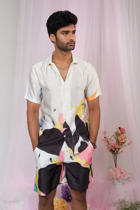 Sanjana reddy Designs White Satin Silk Print Wildflower Bloom Shirt With Shorts 