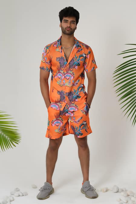 Sanjana Reddy Designs_Orange Satin, Silk Wild Cheetah Print Shirt _Online_at_Aza_Fashions