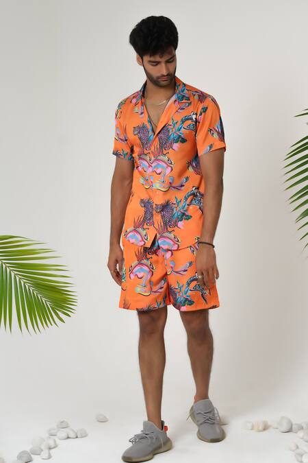 Buy_Sanjana Reddy Designs_Orange Satin, Silk Wild Cheetah Print Shirt _Online_at_Aza_Fashions