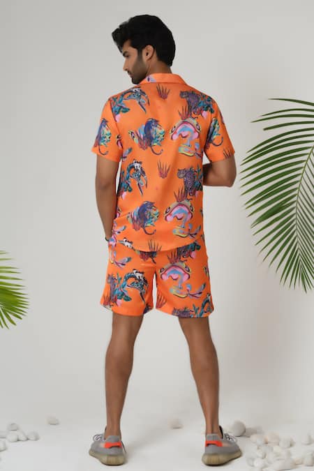 Shop Sanjana Reddy Designs Orange Satin, Silk Cheetah Gaze Print Shorts at Aza Fashions Shop_Sanjana Reddy Designs_Orange Satin, Silk Cheetah Gaze Print Shorts _at_Aza_Fashions