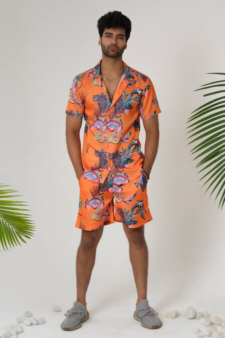 Sanjana Reddy Designs Orange Satin, Silk Cheetah Gaze Print Shorts Online at Aza Fashions Sanjana Reddy Designs_Orange Satin, Silk Cheetah Gaze Print Shorts _Online_at_Aza_Fashions