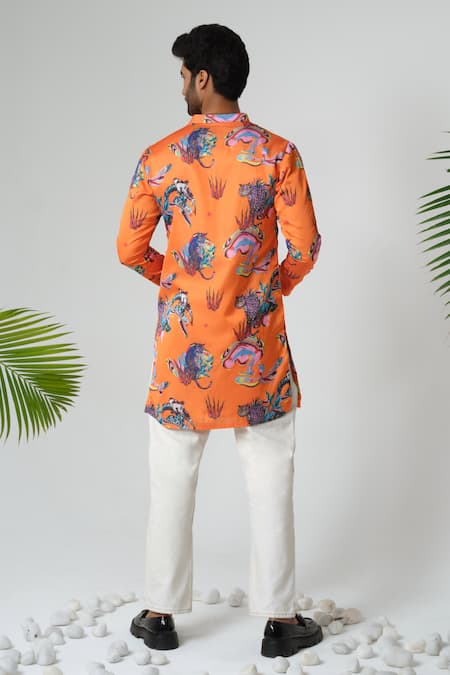 Shop Sanjana Reddy Designs Orange Satin Silk Print Wilderness Mandarin Collar Kurta at Aza Fashions Shop_Sanjana Reddy Designs_Orange Satin Silk Print Wilderness Mandarin Collar Kurta _at_Aza_Fashions