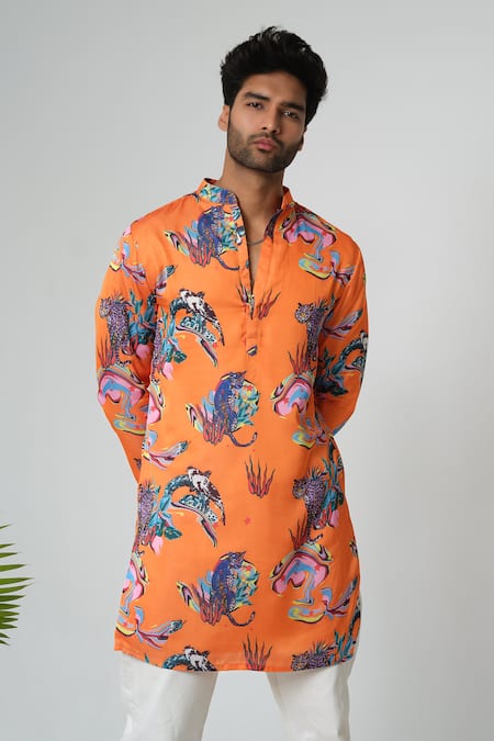 Sanjana Reddy Designs Orange Satin Silk Print Wilderness Mandarin Collar Kurta Online at Aza Fashions Sanjana Reddy Designs_Orange Satin Silk Print Wilderness Mandarin Collar Kurta _Online_at_Aza_Fashions