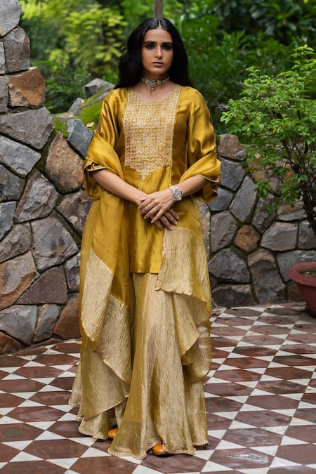 Deep Thee Yellow Silk Embroidery Floral Round Yoke Kurta Sharara Set 