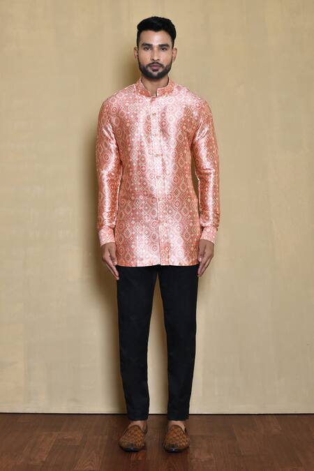 Arihant Rai Sinha_Pink Silk Embroidery Ornate Swirl Woven Bandhgala Kurta Set_Online_at_Aza_Fashions