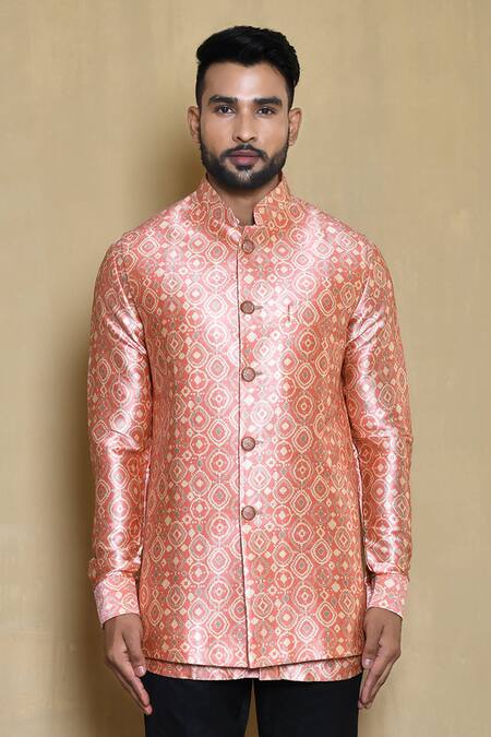 Buy Arihant Rai Sinha Pink Silk Embroidery Ornate Swirl Woven Bandhgala Kurta Set Online at Aza Fashions Buy_Arihant Rai Sinha_Pink Silk Embroidery Ornate Swirl Woven Bandhgala Kurta Set_Online_at_Aza_Fashions