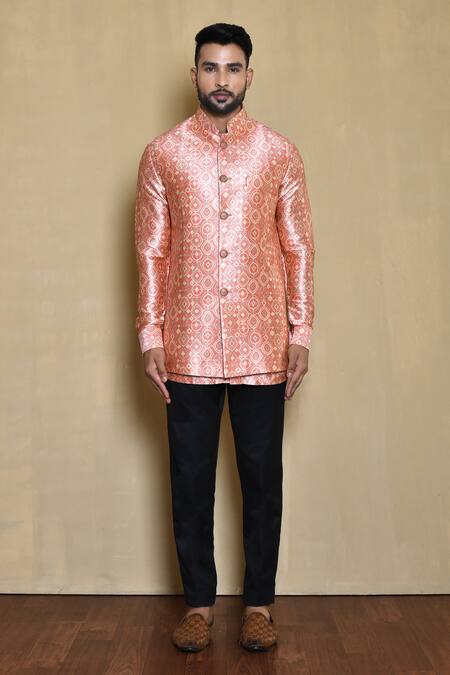 Shop_Arihant Rai Sinha_Pink Silk Embroidery Ornate Swirl Woven Bandhgala Kurta Set_Online_at_Aza_Fashions