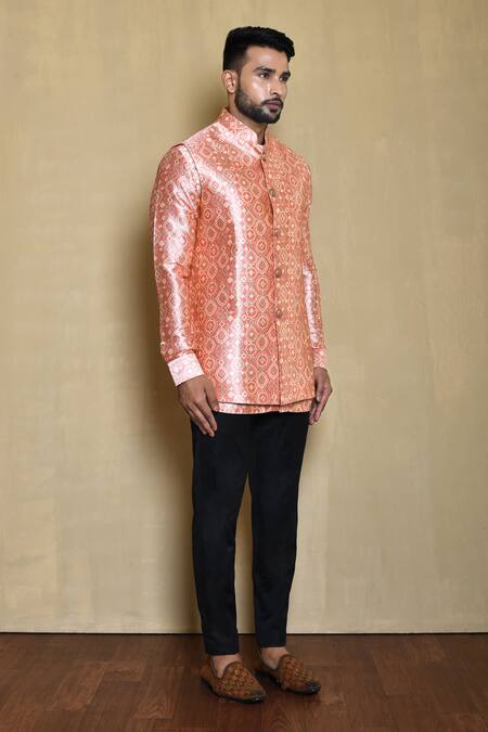 Arihant Rai Sinha_Pink Silk Embroidery Ornate Swirl Woven Bandhgala Kurta Set_at_Aza_Fashions