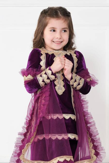 The Pony & Peony Co. Purple Velvet Gota Patti Embellished Kurta Pyjama Set Online at Aza Fashions The Pony & Peony Co._Purple Velvet Gota Patti Embellished Kurta Pyjama Set _Online_at_Aza_Fashions