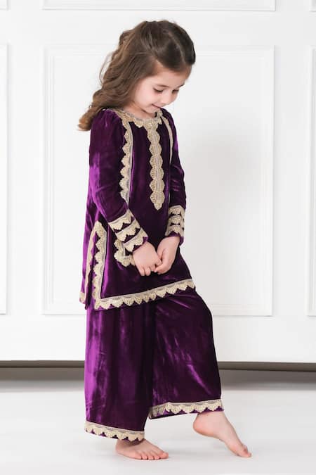 Buy The Pony & Peony Co. Purple Velvet Gota Patti Embellished Kurta Pyjama Set Online at Aza Fashions Buy_The Pony & Peony Co._Purple Velvet Gota Patti Embellished Kurta Pyjama Set _Online_at_Aza_Fashions