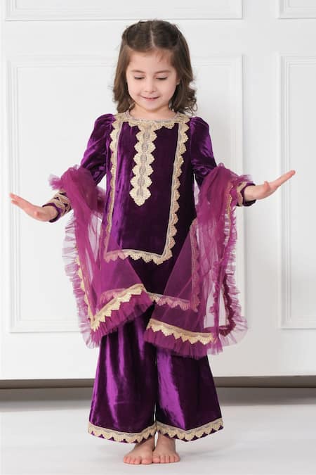 Shop The Pony & Peony Co. Purple Velvet Gota Patti Embellished Kurta Pyjama Set Online at Aza Fashions Shop_The Pony & Peony Co._Purple Velvet Gota Patti Embellished Kurta Pyjama Set _Online_at_Aza_Fashions