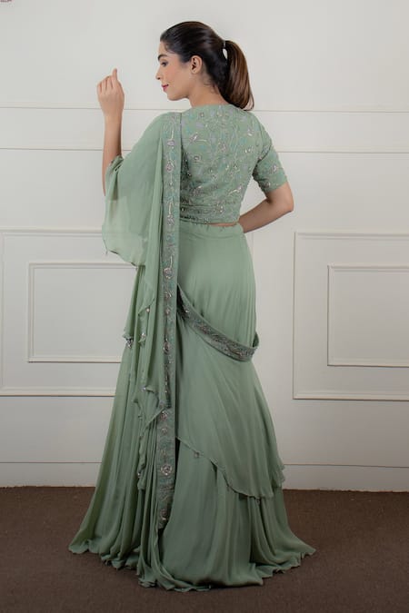 House Of Mithi Kalra Border Embroidered Pre-Draped Lehenga Saree With Blouse 