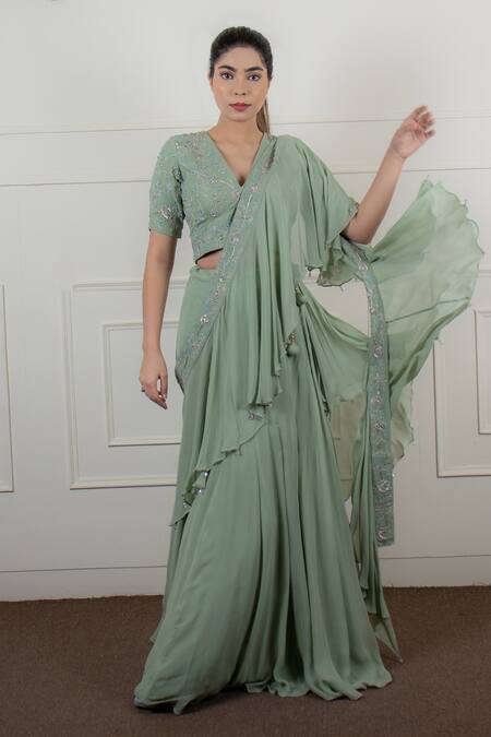 House Of Mithi Kalra Green Georgette Sequins, Border Embroidered Pre-draped Lehenga Saree With Blouse Online at Aza Fashions House Of Mithi Kalra_Green Georgette Sequins, Border Embroidered Pre-draped Lehenga Saree With Blouse _Online_at_Aza_Fashions