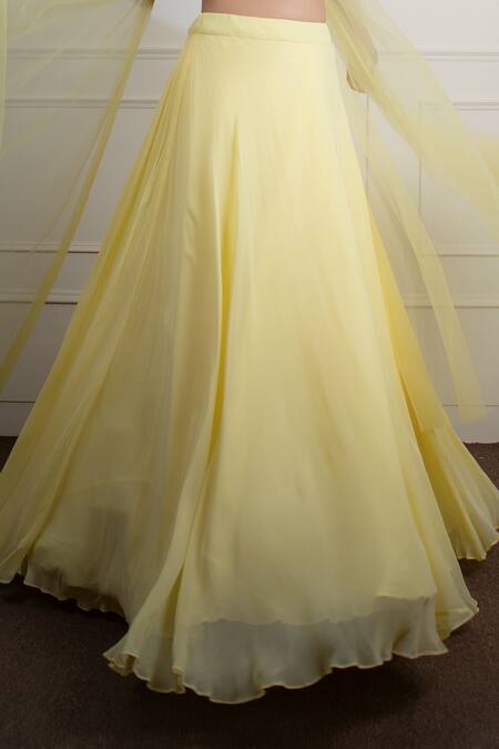 Shop_House Of Mithi Kalra_Yellow Georgette Pearls, Sequins, Mirrors V-neck Embroidered Blouse Lehenga Set _Online_at_Aza_Fashions