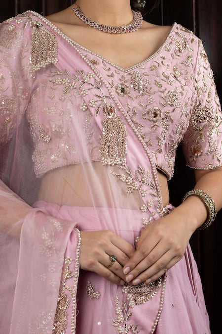 House Of Mithi Kalra Pink Organza, Silk Embroidery, Sequins, Mirrors Mukaish Blouse Lehenga Set Online at Aza Fashions House Of Mithi Kalra_Pink Organza, Silk Embroidery, Sequins, Mirrors Mukaish Blouse Lehenga Set _Online_at_Aza_Fashions