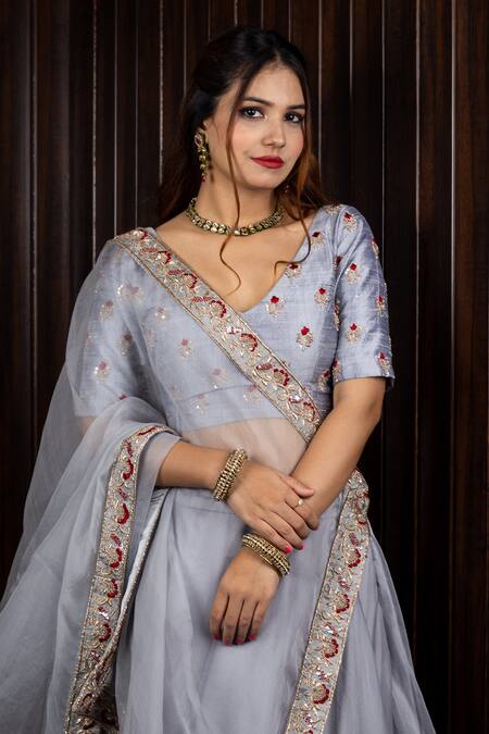 House Of Mithi Kalra Grey Silk, Organza Embroidery, Zari V-neck Hand Blouse Lehenga Set Online at Aza Fashions House Of Mithi Kalra_Grey Silk, Organza Embroidery, Zari V-neck Hand Blouse Lehenga Set _Online_at_Aza_Fashions