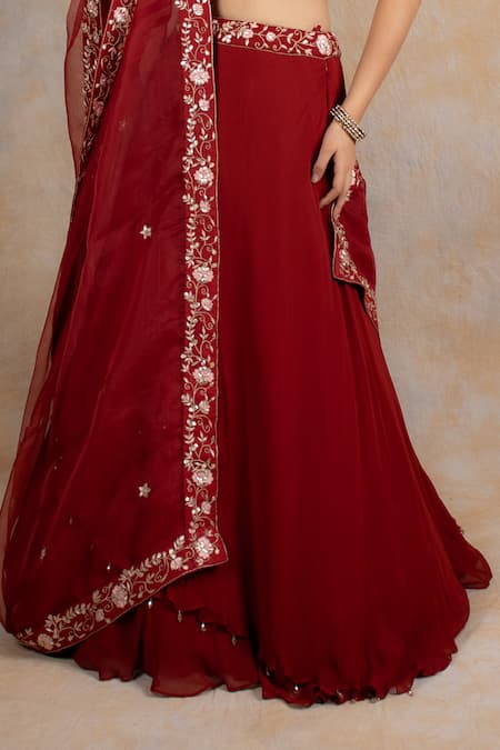 House Of Mithi Kalra Red Georgette Gota Patti, Embroidery V-neck Blouse Lehenga Set at Aza Fashions House Of Mithi Kalra_Red Georgette Gota Patti, Embroidery V-neck Blouse Lehenga Set _at_Aza_Fashions