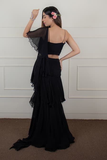 House Of Mithi Kalra Tassel Embroidered Pre-Draped Ruffle Saree With Blouse 