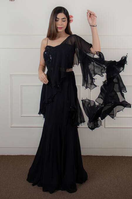 House Of Mithi Kalra Black Georgette Stones, Tassel Embroidered Pre-draped Ruffle Saree With Blouse Online at Aza Fashions House Of Mithi Kalra_Black Georgette Stones, Tassel Embroidered Pre-draped Ruffle Saree With Blouse _Online_at_Aza_Fashions