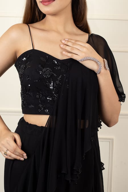 Buy House Of Mithi Kalra Black Georgette Stones, Tassel Embroidered Pre-draped Ruffle Saree With Blouse Online at Aza Fashions Buy_House Of Mithi Kalra_Black Georgette Stones, Tassel Embroidered Pre-draped Ruffle Saree With Blouse _Online_at_Aza_Fashions