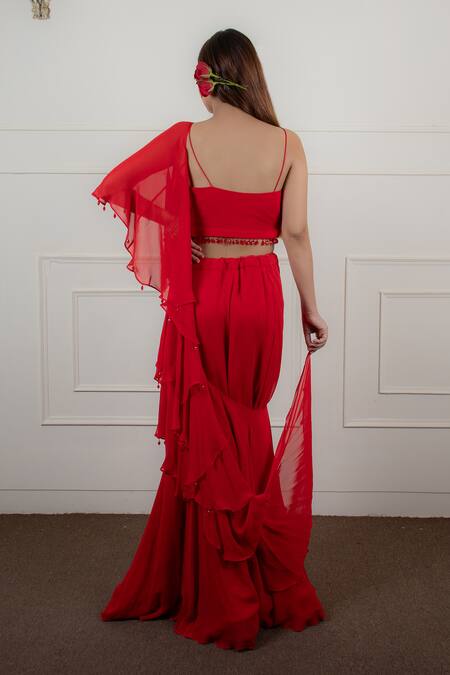 House Of Mithi Kalra Tassel Work Pre-Draped Ruffle Saree With Blouse 