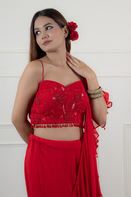 House Of Mithi Kalra_Red Georgette Embroidery, Tassels Work Pre-draped Ruffle Saree With Blouse _Online_at_Aza_Fashions