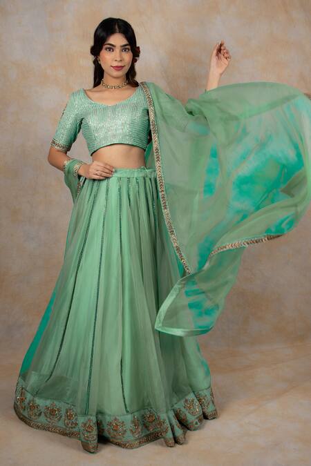 House Of Mithi Kalra Green Silk, Organza Zari Asymmetric Zardosi Hand Embroidered Blouse Lehenga Set Online at Aza Fashions House Of Mithi Kalra_Green Silk, Organza Zari Asymmetric Zardosi Hand Embroidered Blouse Lehenga Set _Online_at_Aza_Fashions